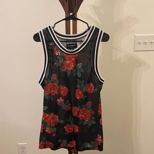 PacSun Black and Red Floral Mesh Tank Top